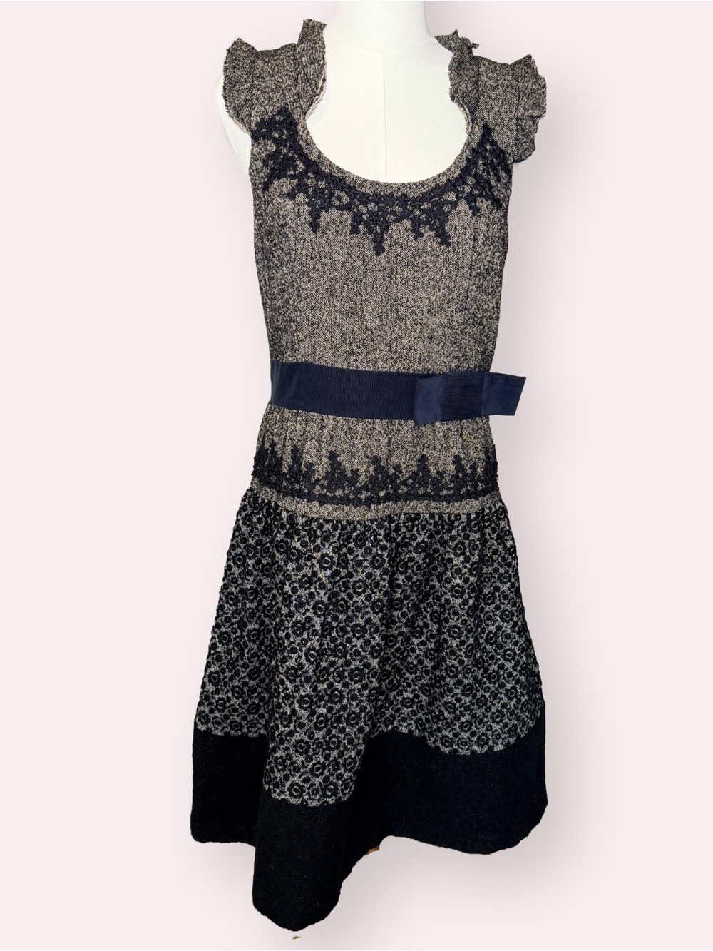 TOCCA Vintage Gray Tweed A-Line Dress Black Lace Navy Blue Ribbon Belt Size